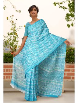 Unnati Silks - Blue Pure Block Printed Soft Cotton Saree with Unstitched Blouse