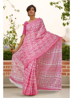 Unnati Silks - Pink Pure Block Printed Soft Cotton Saree with Unstitched Blouse
