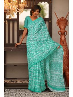 Unnati Silks - Green Pure Block Printed Soft Cotton Saree with Unstitched Blouse