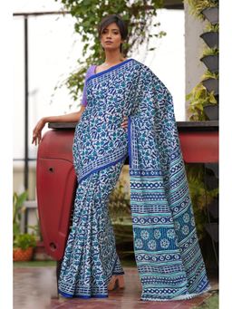 Unnati Silks - White Navy Blue Pure Block Printed Soft Cotton Saree with Unstitched Blouse