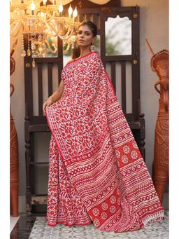 Unnati Silks - White Red Pure Block Printed Soft Cotton Saree with Unstitched Blouse