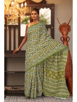 Unnati Silks - White Green Pure Block Printed Soft Cotton Saree with Unstitched Blouse