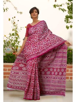Unnati Silks - White Pink Pure Block Printed Soft Cotton Saree with Unstitched Blouse