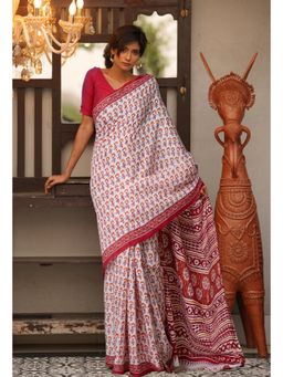 Unnati Silks - White Red Pure Block Printed Soft Cotton Saree with Unstitched Blouse