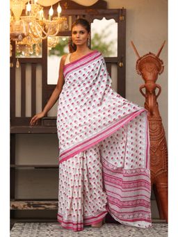 Unnati Silks - White Pink Pure Block Printed Soft Cotton Saree with Unstitched Blouse