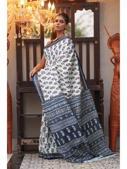 Unnati Silks - White Navy Blue Pure Block Printed Soft Cotton Saree with Unstitched Blouse