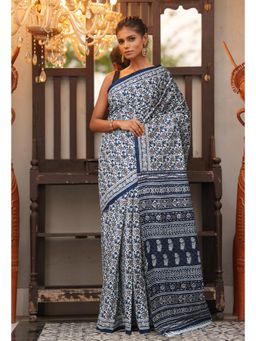 Unnati Silks - White Navy Blue Pure Block Printed Soft Cotton Saree with Unstitched Blouse