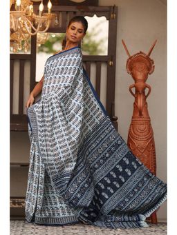 Unnati Silks - White Navy Blue Pure Block Printed Soft Cotton Saree with Unstitched Blouse