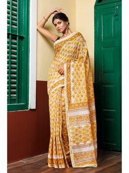 Unnati Silks - Cream and Yellow Pure Hand Block Printed Chanderi Sico Saree with Unstitched Blouse