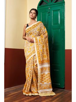 Unnati Silks - Cream and Yellow Pure Hand Block Printed Chanderi Sico Saree with Unstitched Blouse