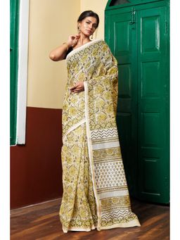 Unnati Silks - Pastel Brown Pure Hand Block Printed Chanderi Sico Saree with Unstitched Blouse