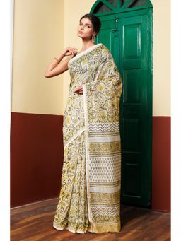 Unnati Silks - Pastel Brown Pure Hand Block Printed Chanderi Sico Saree with Unstitched Blouse