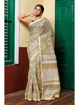 Unnati Silks - Pastel Brown Pure Hand Block Printed Chanderi Sico Saree with Unstitched Blouse