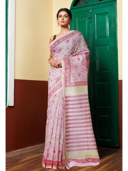 Unnati Silks - Pastel Pink Pure Hand Block Printed Chanderi Sico Saree with Unstitched Blouse