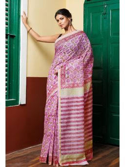 Unnati Silks - Pastel Pink Pure Hand Block Printed Chanderi Sico Saree with Unstitched Blouse