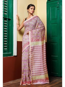 Unnati Silks - Pastel Pink Pure Hand Block Printed Chanderi Sico Saree with Unstitched Blouse
