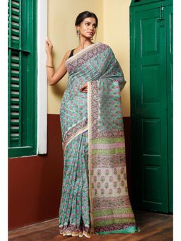 Unnati Silks - Turquoise Green Pure Hand Block Printed Chanderi Sico Saree with Unstitched Blouse