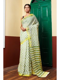 Unnati Silks - White Green Pure Block Printed Mulmul Cotton Saree with Unstitched Blouse