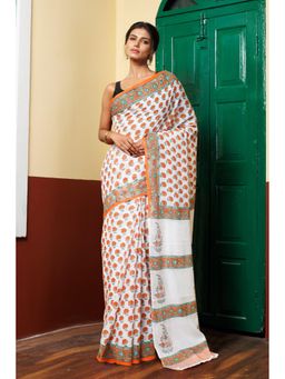 Unnati Silks - White Orange Pure Block Printed Mulmul Cotton Saree with Unstitched Blouse
