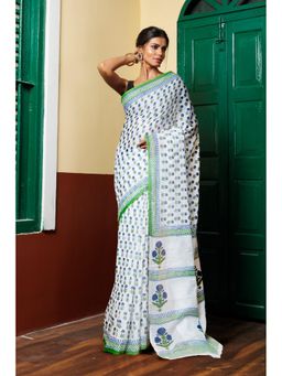 Unnati Silks - White Green Pure Block Printed Mulmul Cotton Saree with Unstitched Blouse