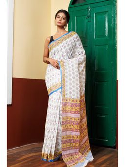 Unnati Silks - White Blue Pure Block Printed Mulmul Cotton Saree with Unstitched Blouse