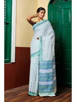 Unnati Silks - White Blue Pure Block Printed Mulmul Cotton Saree with Unstitched Blouse