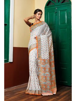 Unnati Silks - White Orange Pure Block Printed Mulmul Cotton Saree with Unstitched Blouse