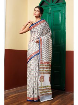 Unnati Silks - White Blue Pure Block Printed Mulmul Cotton Saree with Unstitched Blouse