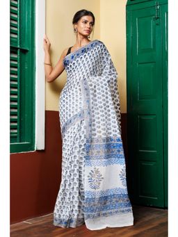 Unnati Silks - White Grey Pure Block Printed Mulmul Cotton Saree with Unstitched Blouse