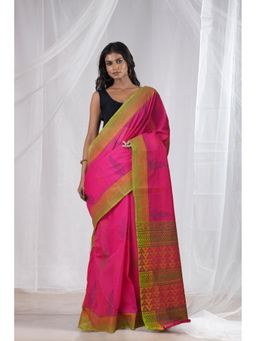 Unnati Silks - Pink Pure Hand Block Printed Mangalgiri Cotton Saree with Unstitched Blouse