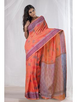 Unnati Silks - Orange Pure Hand Block Printed Mangalgiri Cotton Saree with Unstitched Blouse