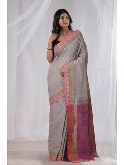Unnati Silks - Grey Pure Hand Block Printed Mangalgiri Cotton Saree with Unstitched Blouse