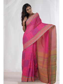 Unnati Silks - Pink Pure Hand Block Printed Mangalgiri Cotton Saree with Unstitched Blouse