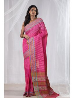 Unnati Silks - Pink Pure Hand Block Printed Mangalgiri Cotton Saree with Unstitched Blouse