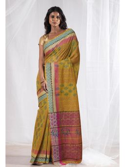 Unnati Silks - Mehndi Green Pure Hand Block Printed Mangalgiri Cotton Saree with Unstitched Blouse
