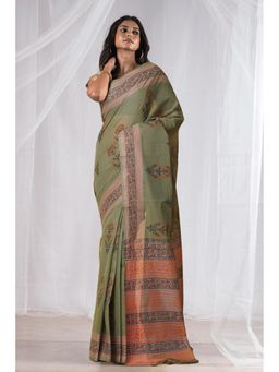 Unnati Silks - Green Pure Hand Block Printed Mangalgiri Cotton Saree with Unstitched Blouse
