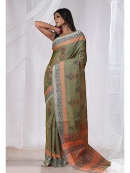 Unnati Silks - Green Pure Hand Block Printed Mangalgiri Cotton Saree with Unstitched Blouse
