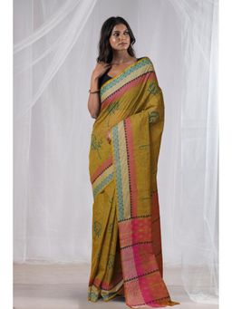 Unnati Silks - Mehndi Green Pure Hand Block Printed Mangalgiri Cotton Saree with Unstitched Blouse