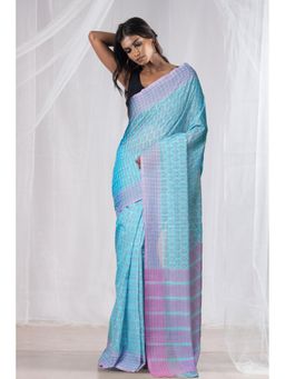 Unnati Silks - Blue Pure Hand Block Printed Mangalgiri Cotton Saree with Unstitched Blouse