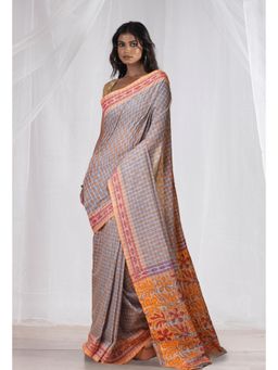 Unnati Silks - Grey Pure Hand Block Printed Mangalgiri Cotton Saree with Unstitched Blouse