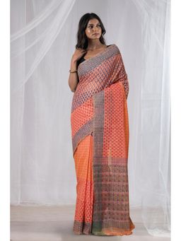 Unnati Silks - Orange Pure Hand Block Printed Mangalgiri Cotton Saree with Unstitched Blouse