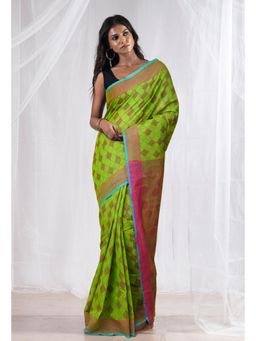 Unnati Silks - Green Pure Hand Block Printed Mangalgiri Cotton Saree with Unstitched Blouse