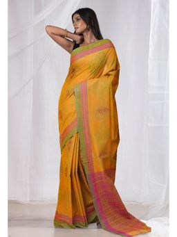 Unnati Silks - Mustard Yellow Pure Hand Block Printed Mangalgiri Cotton Saree with Unstitched Blouse