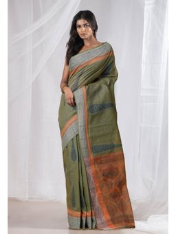 Unnati Silks - Green Pure Hand Block Printed Mangalgiri Cotton Saree with Unstitched Blouse
