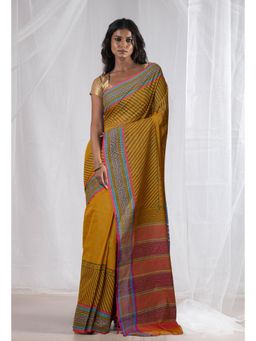 Unnati Silks - Mustard Yellow Pure Hand Block Printed Mangalgiri Cotton Saree with Unstitched Blouse