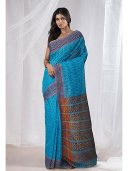 Unnati Silks - Blue Pure Hand Block Printed Mangalgiri Cotton Saree with Unstitched Blouse