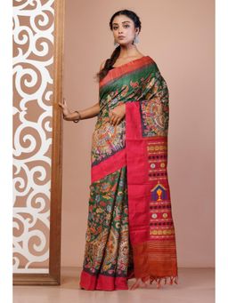 Unnati Silks - Green Pure Handloom Block Printed Embroidery Vidarbha Silk Saree with Unstitched Blouse
