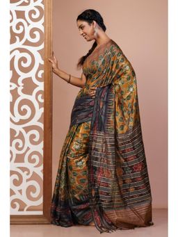Unnati Silks - Yellow Handloom Block Printed Embroidery Vidarbha Silk Saree with Unstitched Blouse