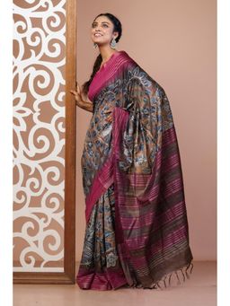 Unnati Silks - Brown Pure Handloom Block Printed Embroidery Vidarbha Silk Saree with Unstitched Blouse