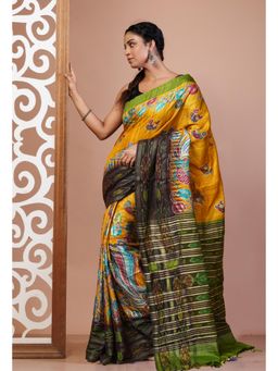 Unnati Silks - Yellow Handloom Block Printed Embroidery Vidarbha Silk Saree with Unstitched Blouse